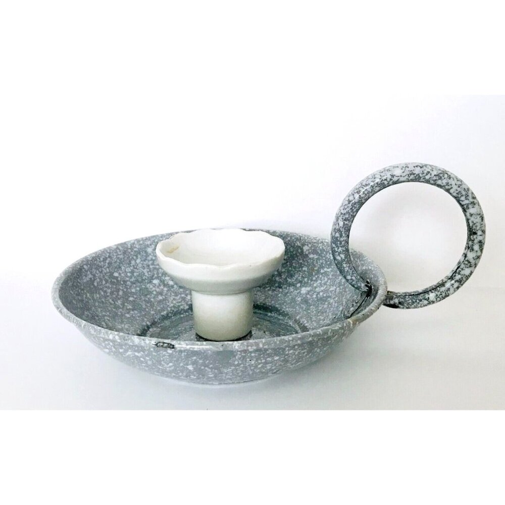 Antique Graniteware Enamelware Chamber Stick Candle Holder Speckled Gray Rare